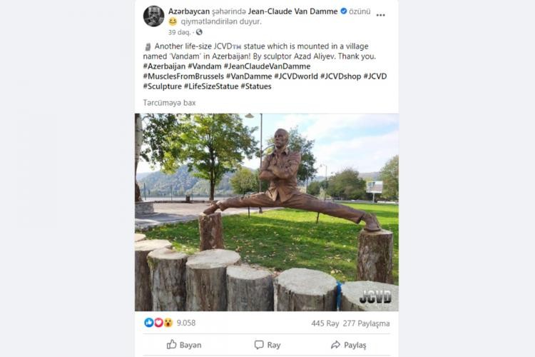 Van Dam Azərbaycandakı heykəlini paylaşdı, təşəkkür etdi - FOTO