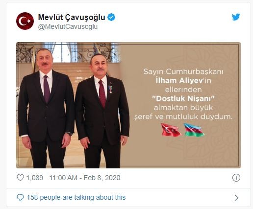 Çavuşoğlundan “Dostluq” ordeni ilə bağlı paylaşım - FOTO
