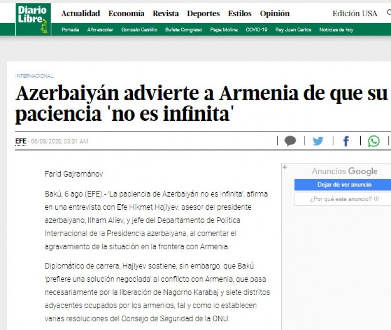 Hikmət Hacıyevin müsahibəsi dünya mətbuatında 