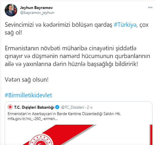 Ceyhun Bayramov Türkiyəyə təşəkkür etdi 