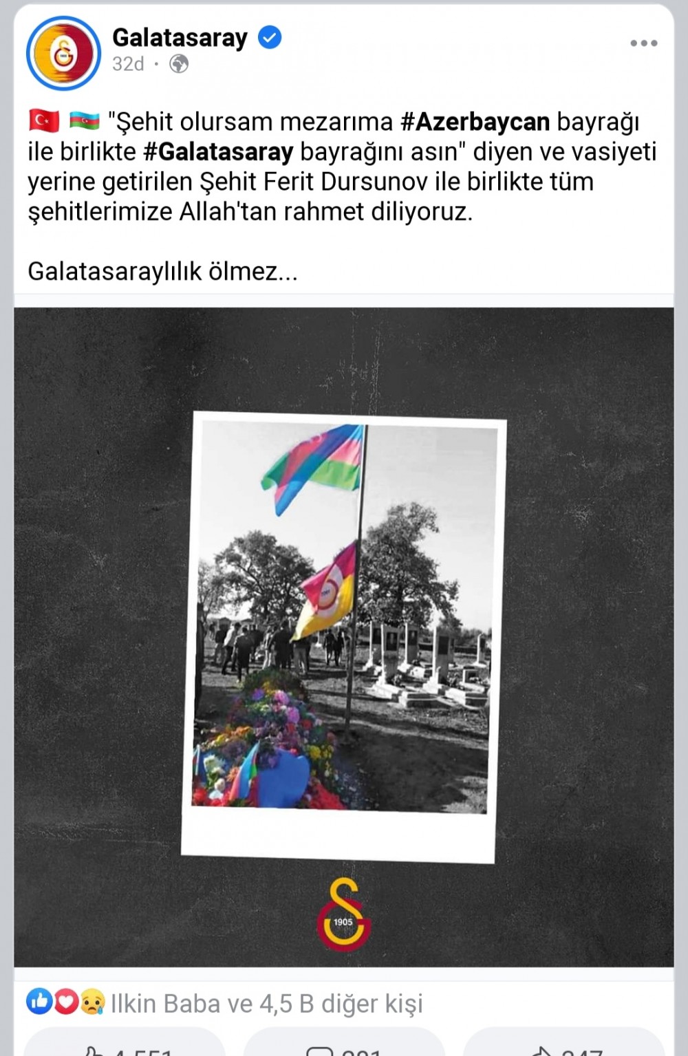 “Qalatasaray” şəhidimizlə bağlı paylaşım etdi