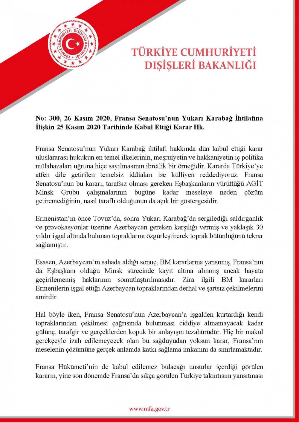 Türkiyə XİN Fransa Senatının qərarını qınadı