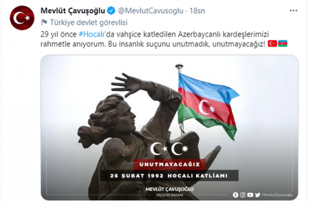 Çavuşoğludan Xocalı soyqırımı ilə bağlı PAYLAŞIM