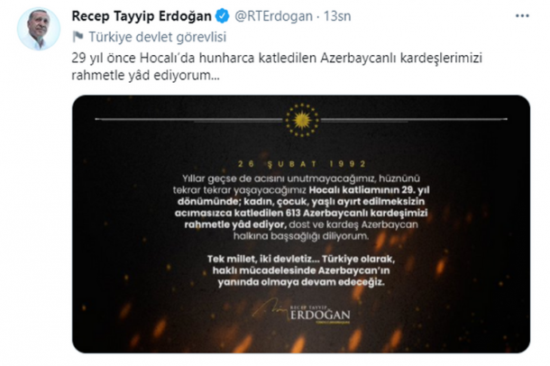 Ərdoğandan Xocalı soyqırımı ilə bağlı PAYLAŞIM