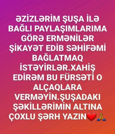 Şuşadan paylaşım edən Xalq artistinin səhifəsi şikayət olundu - FOTO