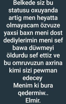 Azərbaycanda 17 yaşlı tələbə "WhatsApp"da status yazıb, İNTİHAR ETDİ