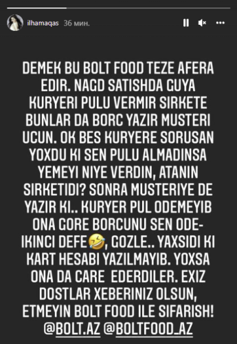 İlhamə Qasımova  “Bolt Food”dan şikayət ETDİ - FOTO