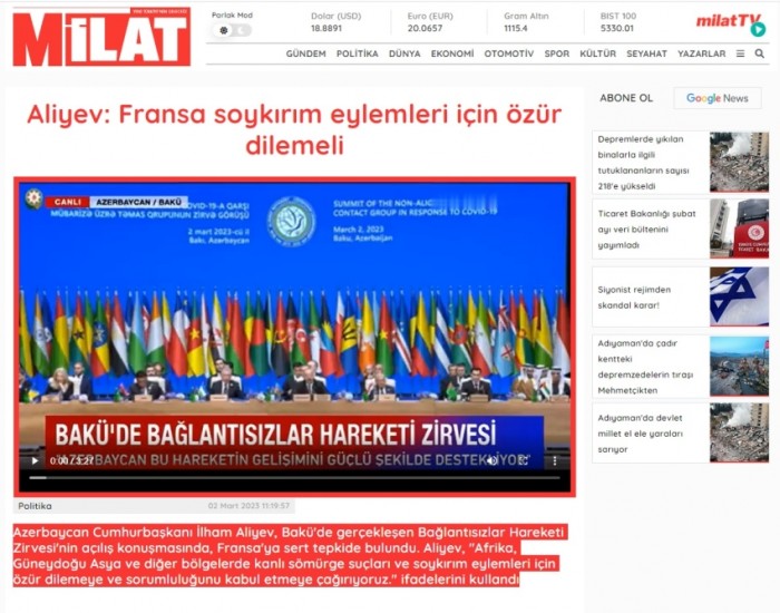 İlham Əliyevin Fransa ilə bağlı çıxışı Türkiyə KİV-lərində