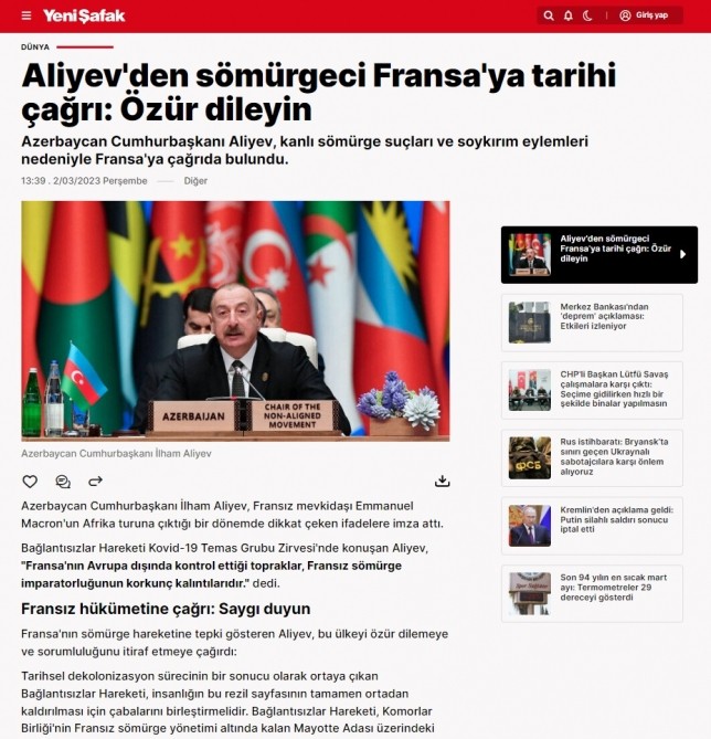 İlham Əliyevin Fransa ilə bağlı çıxışı Türkiyə KİV-lərində