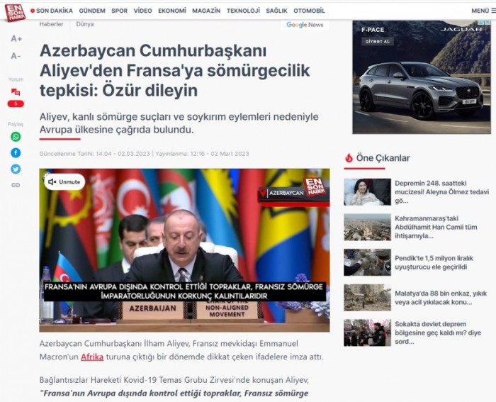 İlham Əliyevin Fransa ilə bağlı çıxışı Türkiyə KİV-lərində