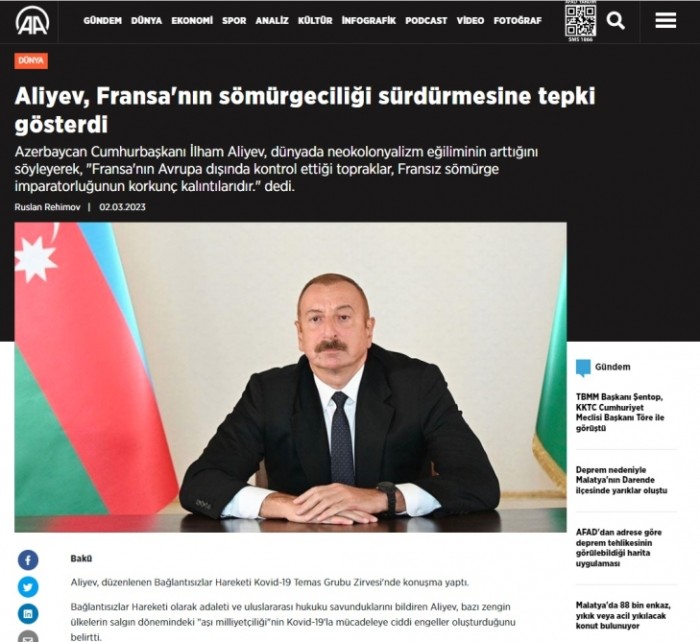 İlham Əliyevin Fransa ilə bağlı çıxışı Türkiyə KİV-lərində