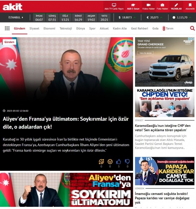 İlham Əliyevin Fransa ilə bağlı çıxışı Türkiyə KİV-lərində