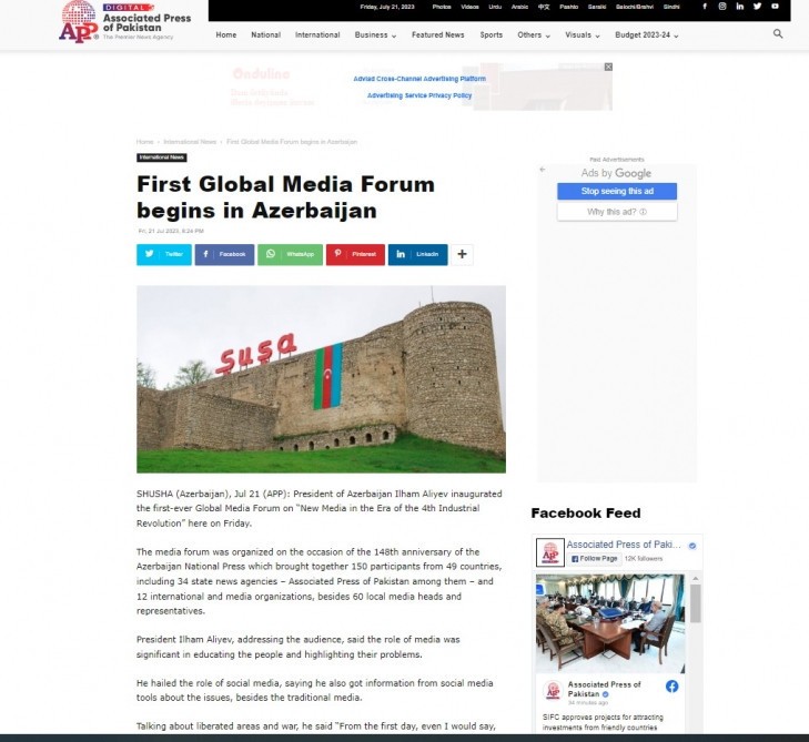 Prezidentin Şuşa Qlobal Media Forumundakı çıxışı dünya mediasında - FOTOLAR