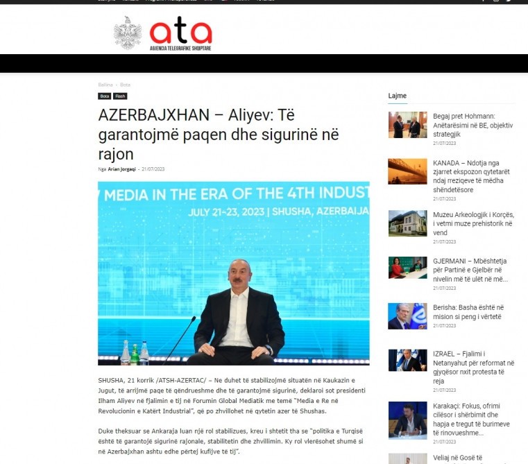 Prezidentin Şuşa Qlobal Media Forumundakı çıxışı dünya mediasında - FOTOLAR