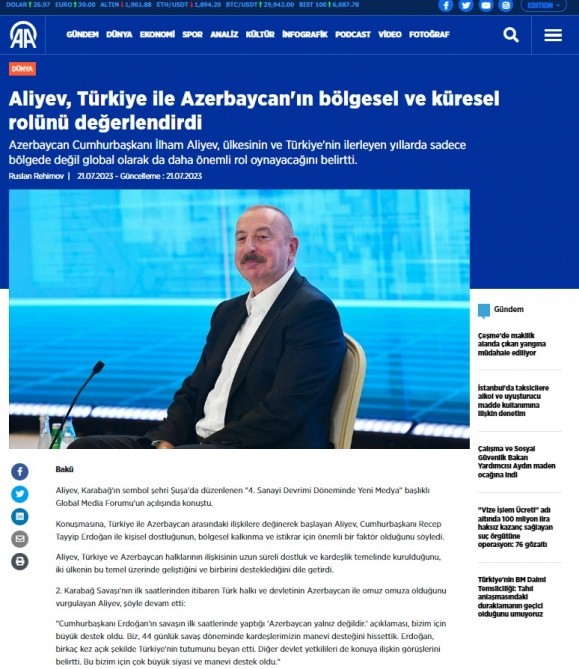 Prezidentin Şuşa Qlobal Media Forumundakı çıxışı dünya mediasında - FOTOLAR