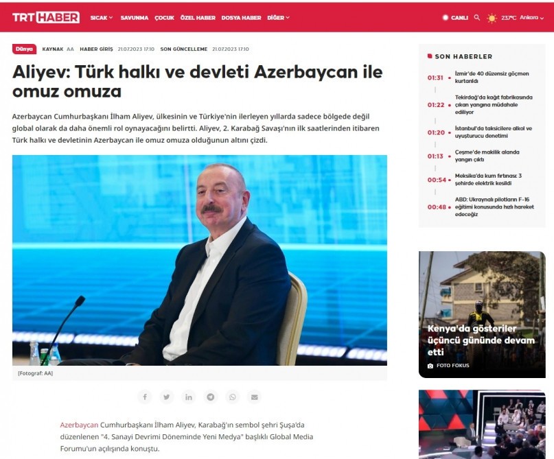 Prezidentin Şuşa Qlobal Media Forumundakı çıxışı dünya mediasında - FOTOLAR