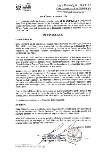 Peru Konqresi 27 sentyabr - Anım Günü ilə bağlı bəyanat qəbul etdi - FOTO