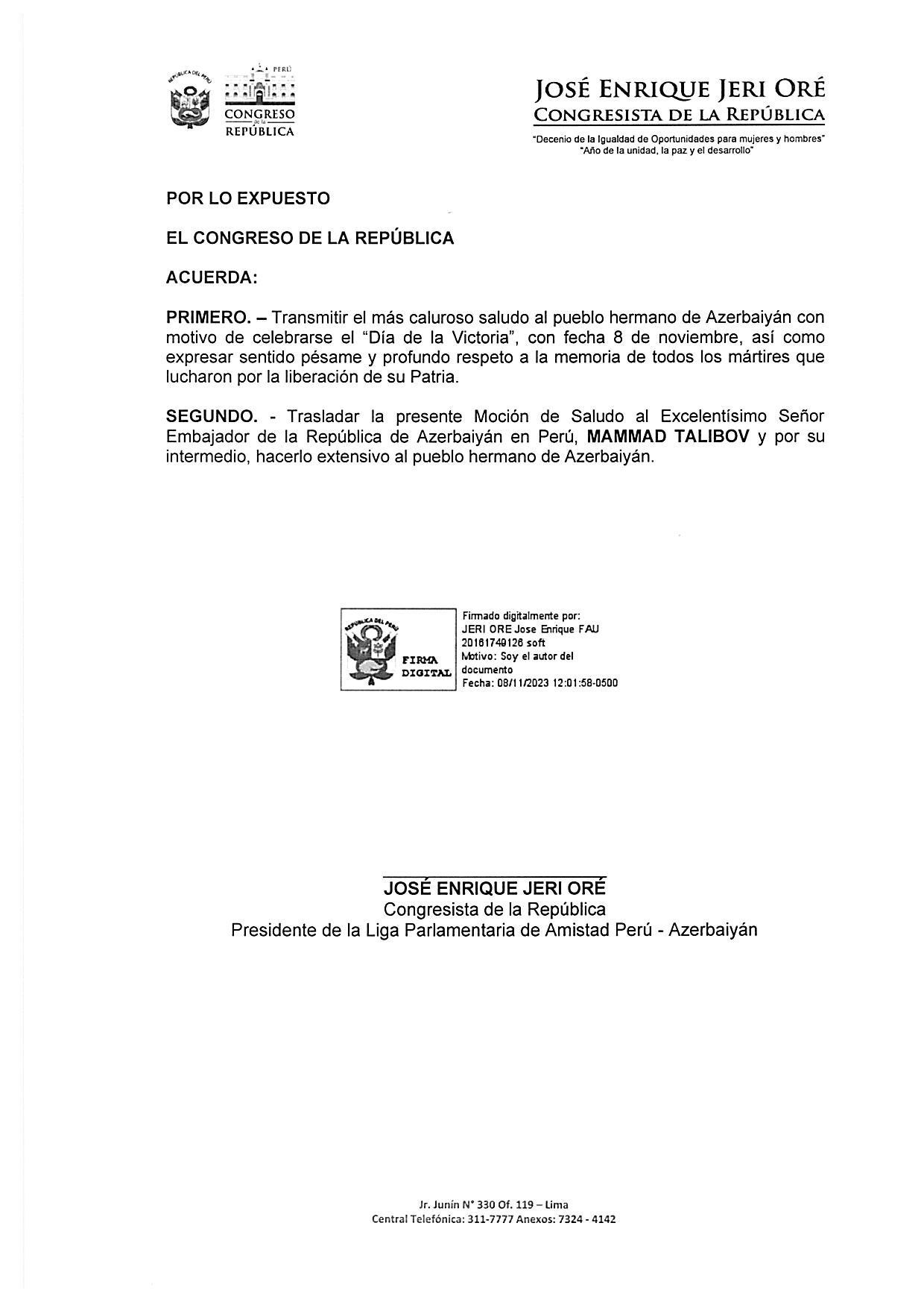Peru Konqresi Azərbaycanın Zəfər Günü ilə bağlı bəyanat qəbul etdi - FOTO