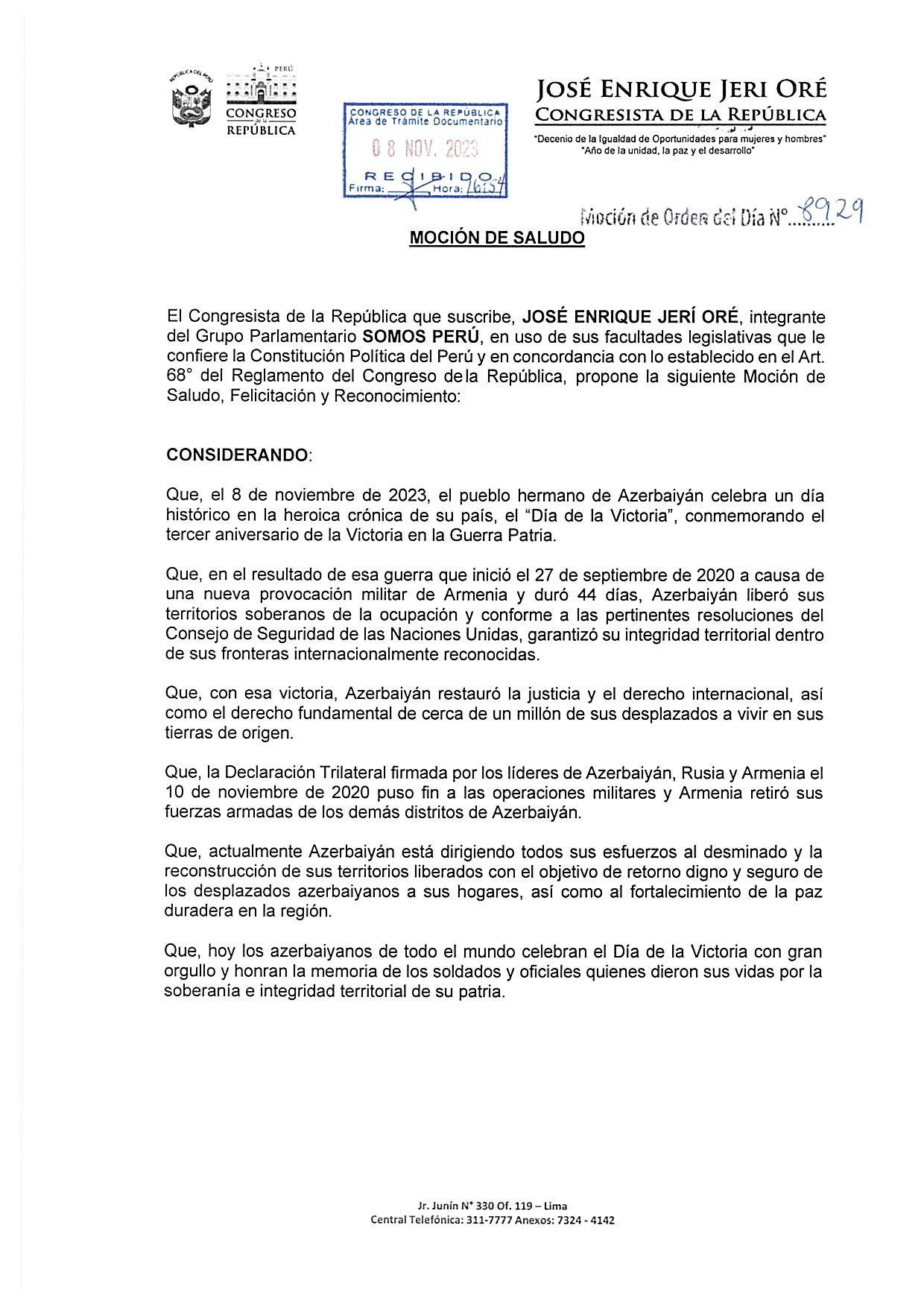 Peru Konqresi Azərbaycanın Zəfər Günü ilə bağlı bəyanat qəbul etdi - FOTO