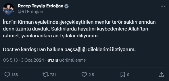 "Qardaş İrana başsağlığı verirəm" - Ərdoğan