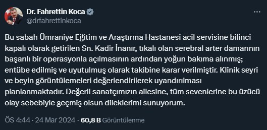 Xəstəxanaya yerləşdirilən Kadir İnanırla bağlı səhiyyə nazirindən AÇIQLAMA