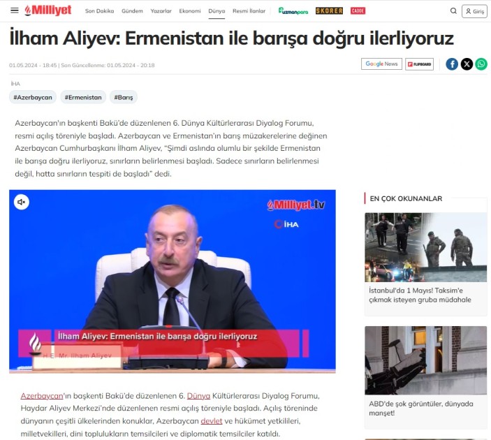Türkiyə mediası İlham Əliyevin Forumdakı açıqlamalarından yazdı (FOTOLAR)
