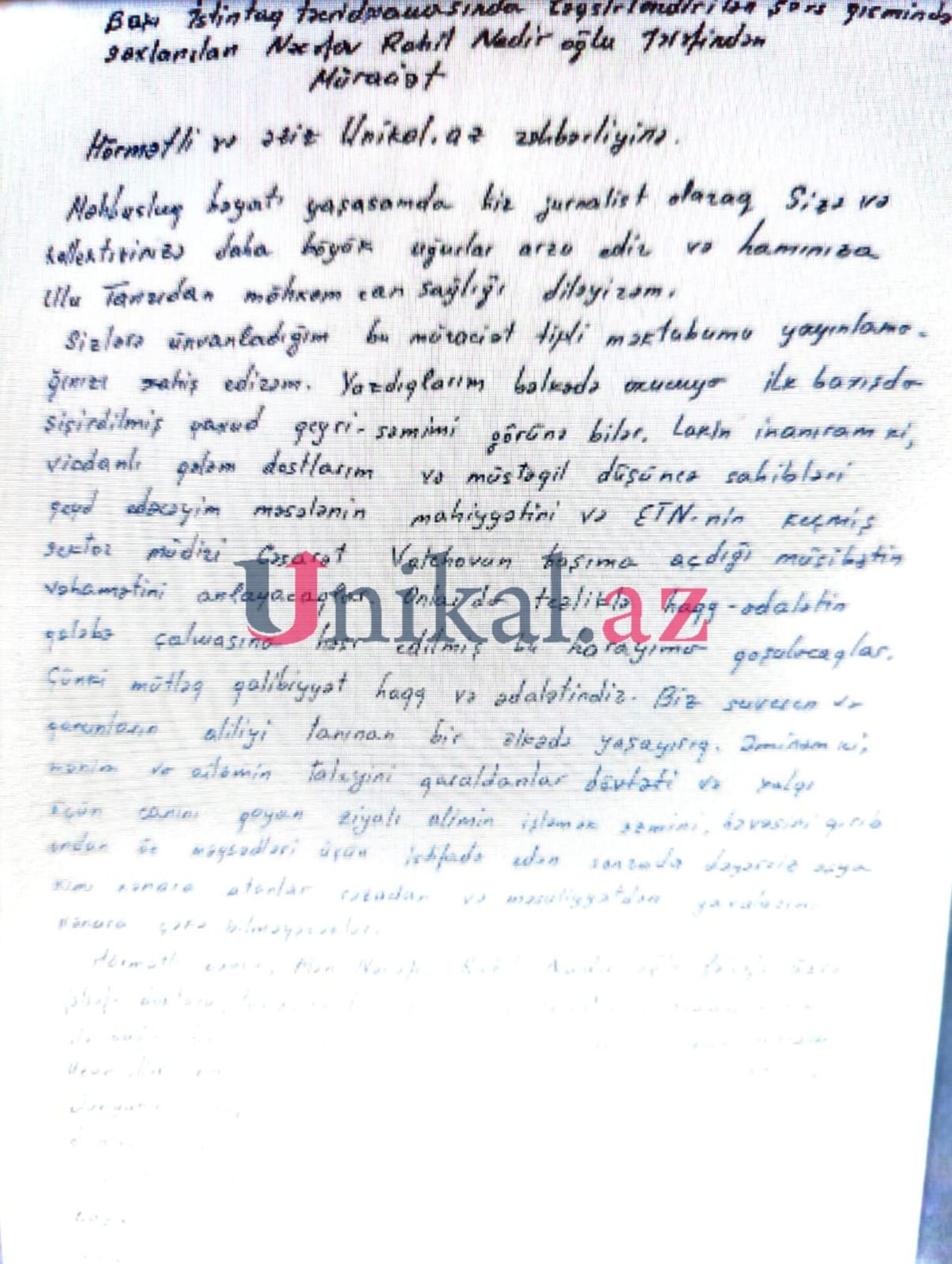 "Cəsarət Valehovun qanunsuz əməllərinə görə özüm və yoldaşım dəfələrlə intihara cəhd etmişik" - Sabiq baş redaktor təcridxanadan yazır