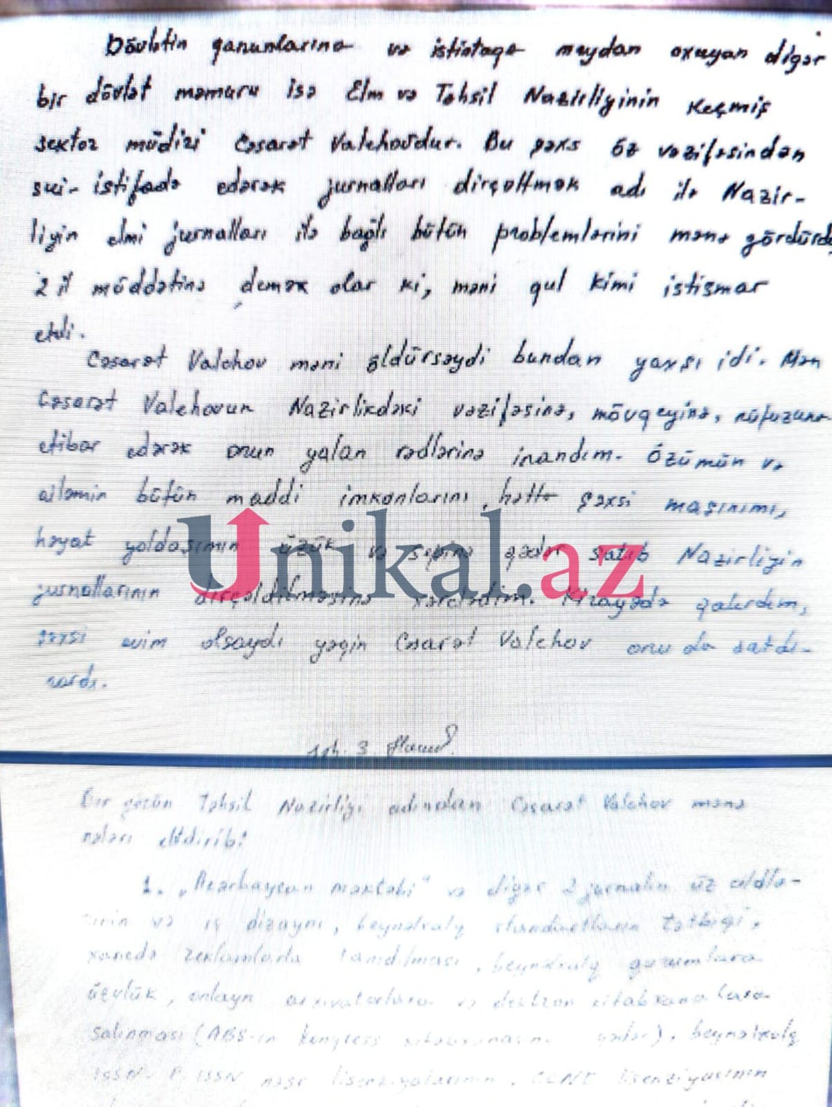 "Cəsarət Valehovun qanunsuz əməllərinə görə özüm və yoldaşım dəfələrlə intihara cəhd etmişik" - Sabiq baş redaktor təcridxanadan yazır