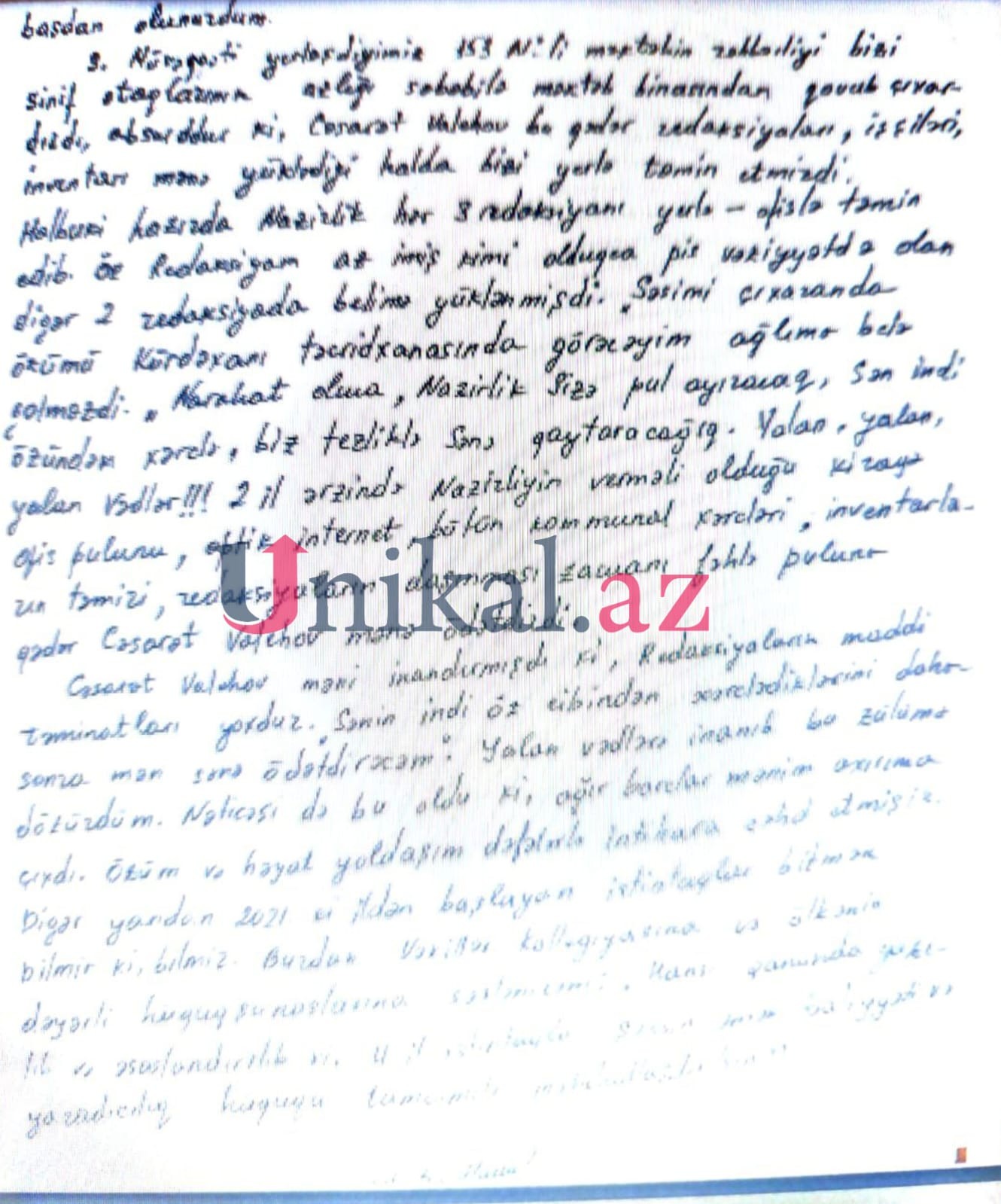 "Cəsarət Valehovun qanunsuz əməllərinə görə özüm və yoldaşım dəfələrlə intihara cəhd etmişik" - Sabiq baş redaktor təcridxanadan yazır