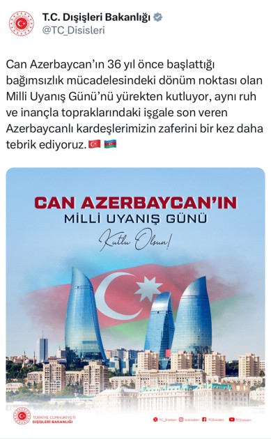 Türkiyə XİN Azərbaycan xalqını təbrik etdi - FOTO