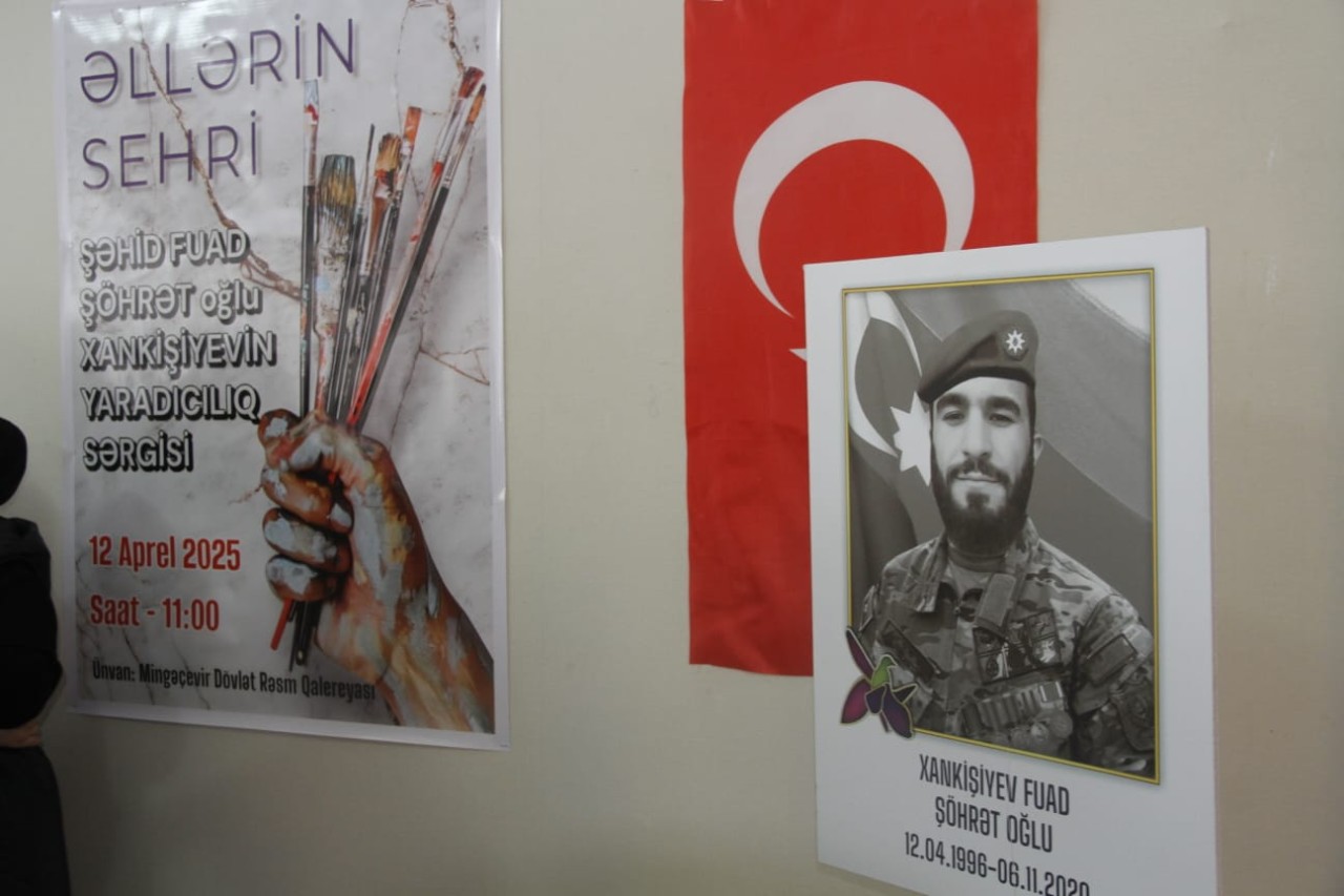Mingəçevirdə şəhid döyüşçünün əl işlərindən ibarət rəsm sərgisi açıldı - FOTOLAR