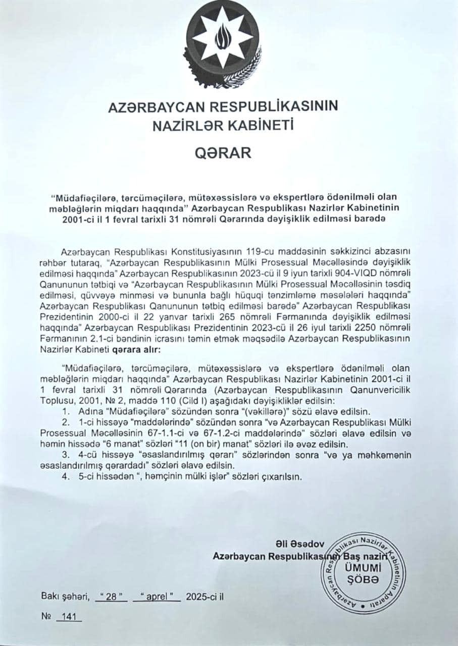 Azərbaycanda vəkillərə ödənilən xidmət haqqının məbləği artırıldı