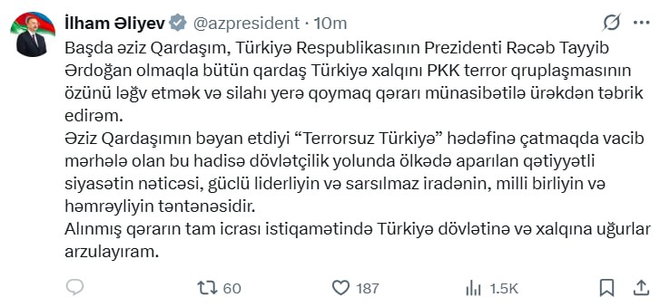 İlham Əliyev Ərdoğanı və Türkiyə xalqını təbrik etdi (FOTO)