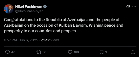 Paşinyan Azərbaycan xalqını təbrik etdi (FOTO)