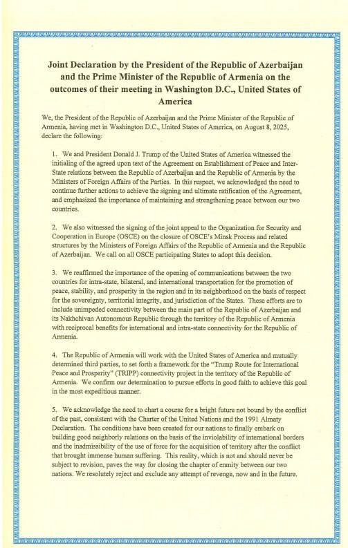 Dövlət Departamenti üçtərəfli görüşdə imzalanmış sənədləri yaydı - FOTOLAR