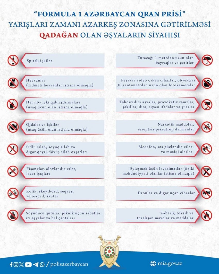 "Formula 1" zonasına keçirilməsi qadağan edilən əşyalar - SİYAHI