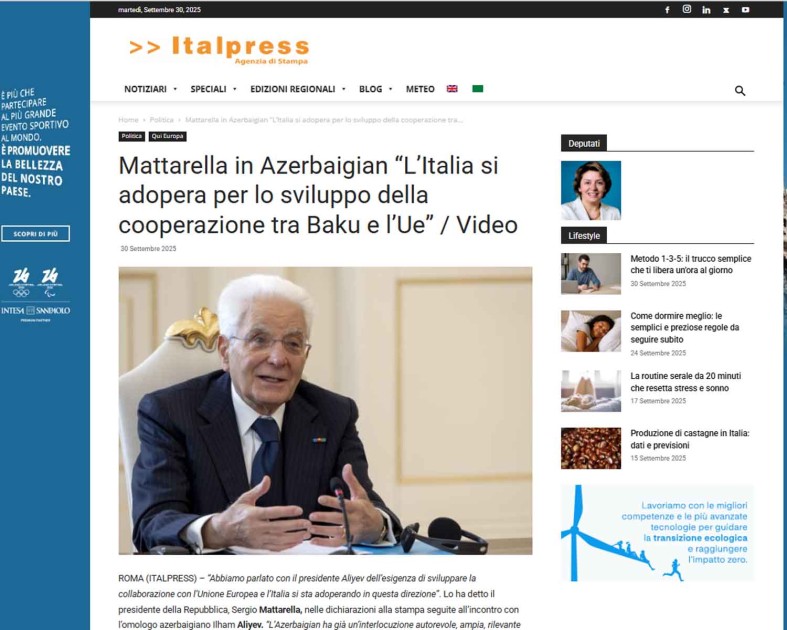 Mattarellanın Azərbaycana rəsmi səfəri İtaliya mediasında