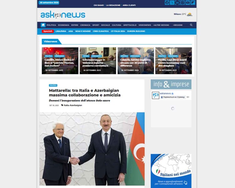 Mattarellanın Azərbaycana rəsmi səfəri İtaliya mediasında