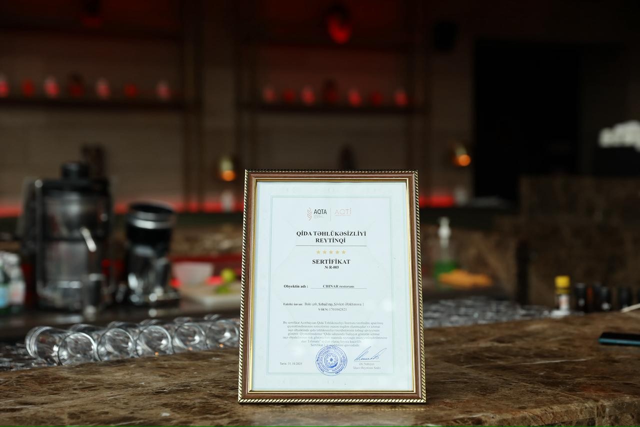 AQTİ tərəfindən “Chinar” restoranına “5 ulduz” sertifikatı təqdim edilib - FOTOLAR