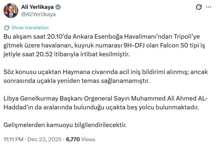 Liviya Baş Qərargah rəisinin təyyarəsi qəzaya uğrayıb - Rəsmi (YENİLƏNİB)