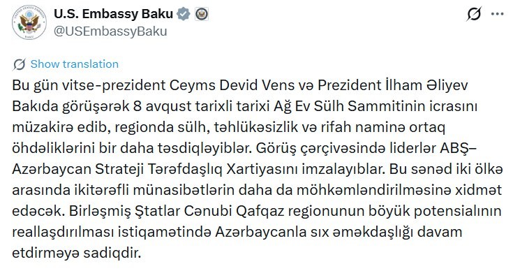 ABŞ səfirliyi bəyanat yaydı - FOTO