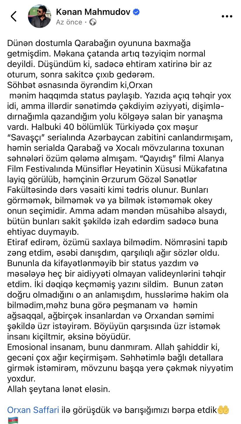 Polis bölməsinə çağırılan Kənan yazıçı ilə barışdı - FOTO