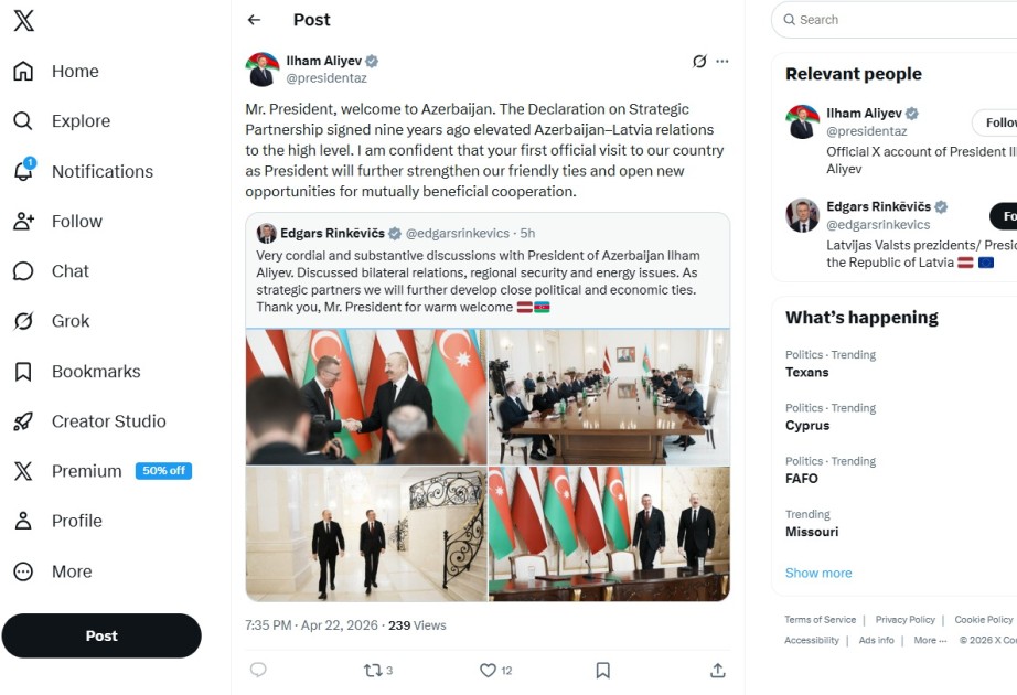 İlham Əliyev latviyalı həmkarının səfəri ilə bağlı paylaşım etdi - FOTO