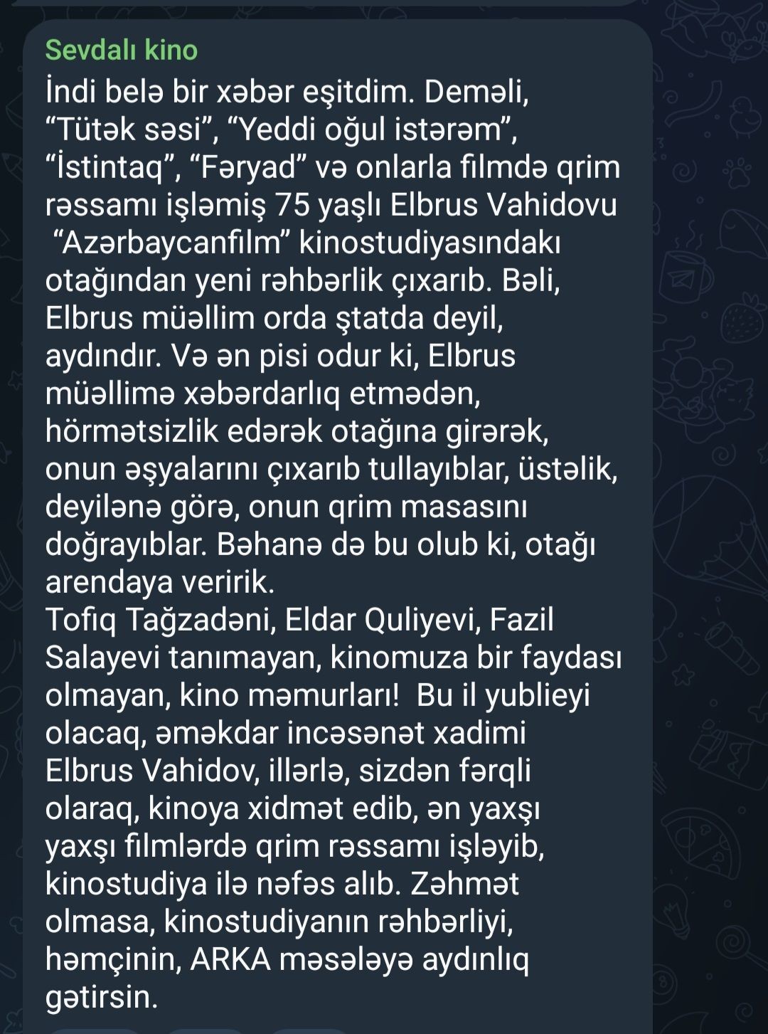 Əməkdar incəsənət xadimini kinostudiyadakı otağından çıxarıb, əşyalarını doğradılar (FOTO)