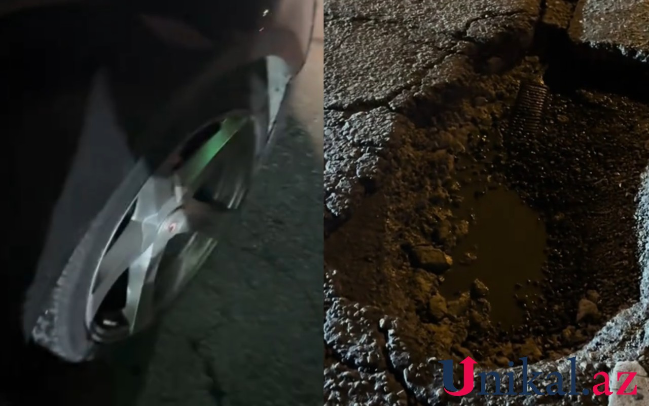 Bu yolda böyük çuxur yarandı- Avtomobilin təkəri və diski yararsız hala düşdü (VİDEO)