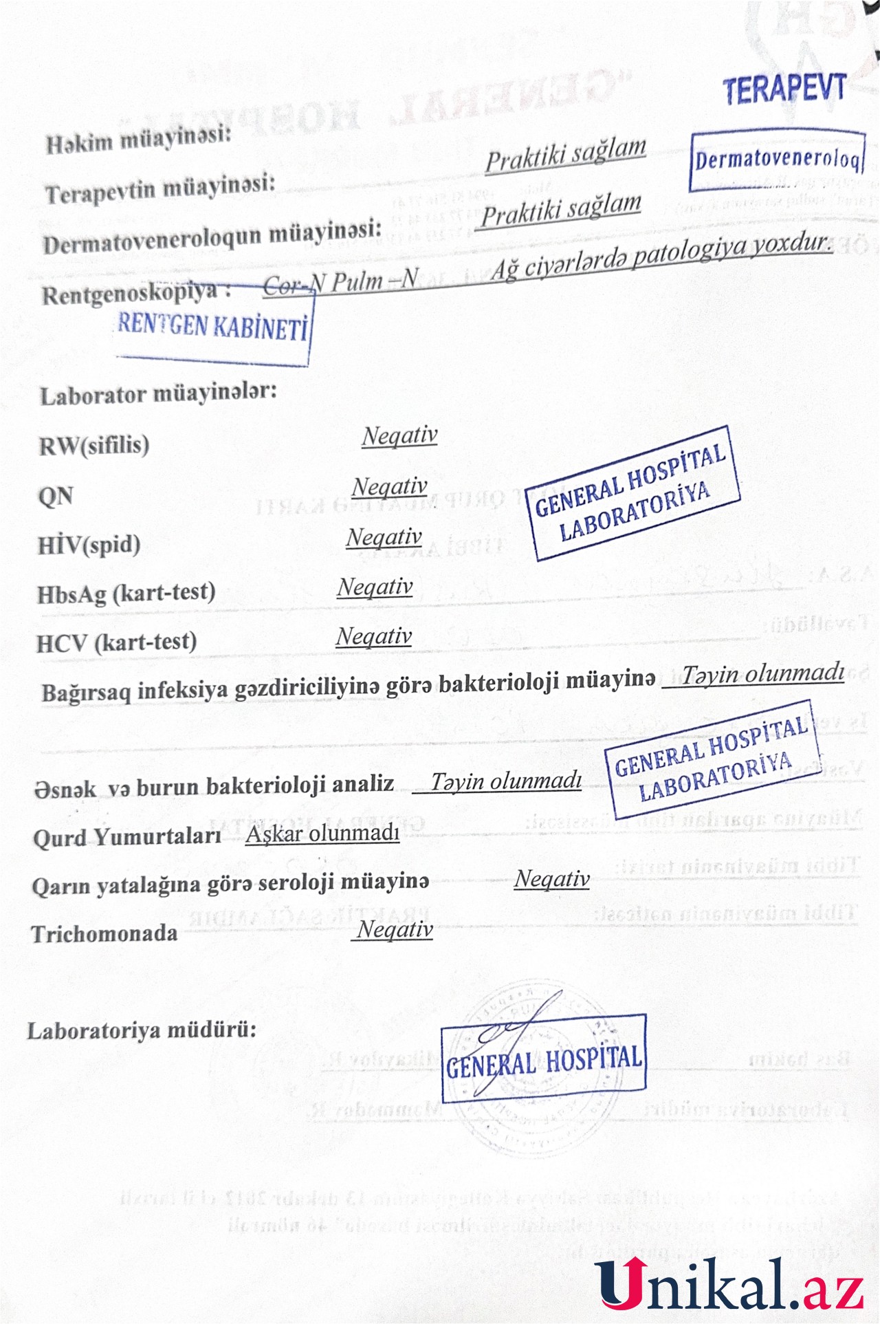 "General Hospital" hepatit aşkarlanan vətəndaşa saxta sağlamlıq arayışı verdi - ŞİKAYƏT