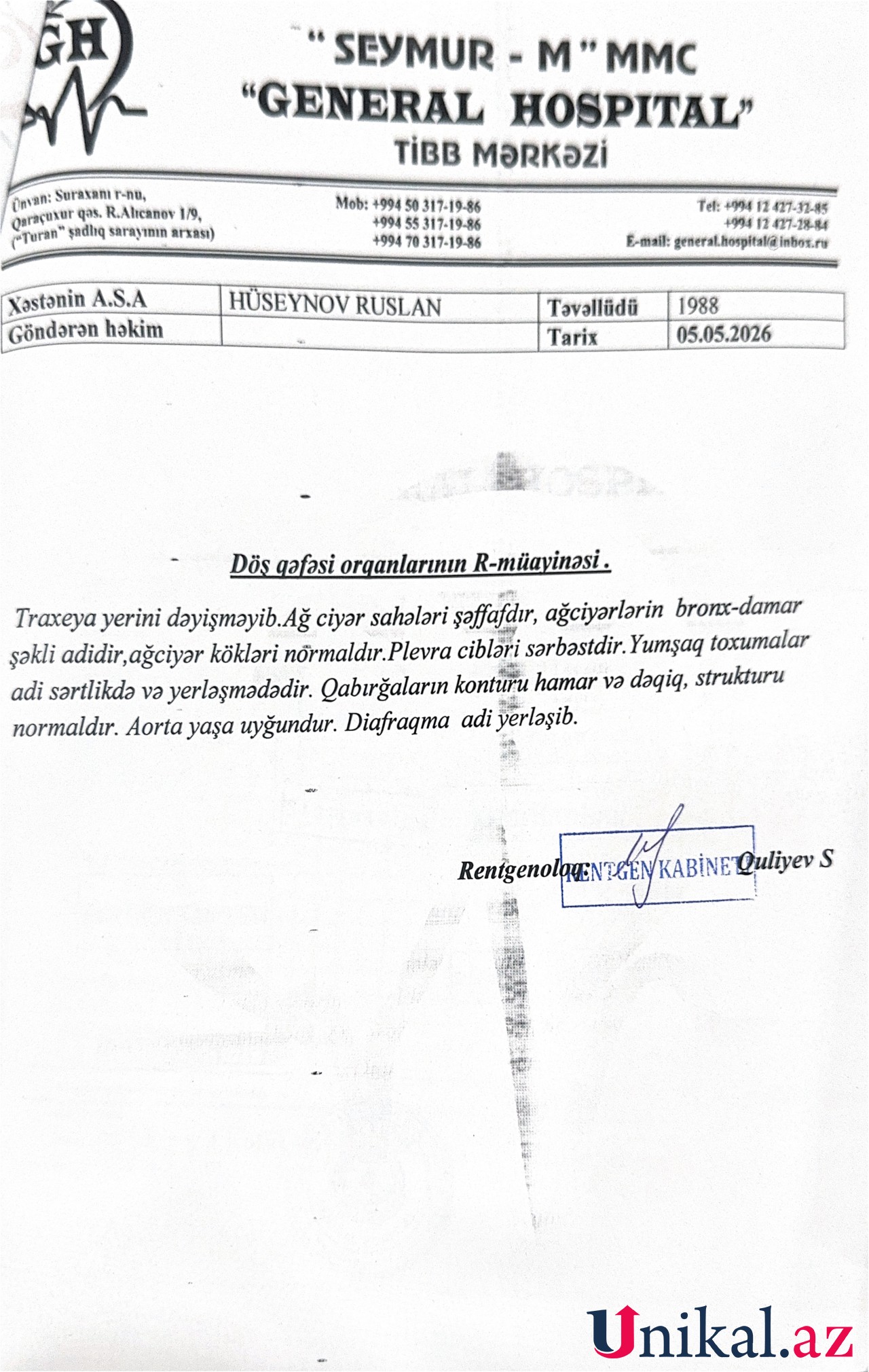 "General Hospital" hepatit aşkarlanan vətəndaşa saxta sağlamlıq arayışı verdi - ŞİKAYƏT