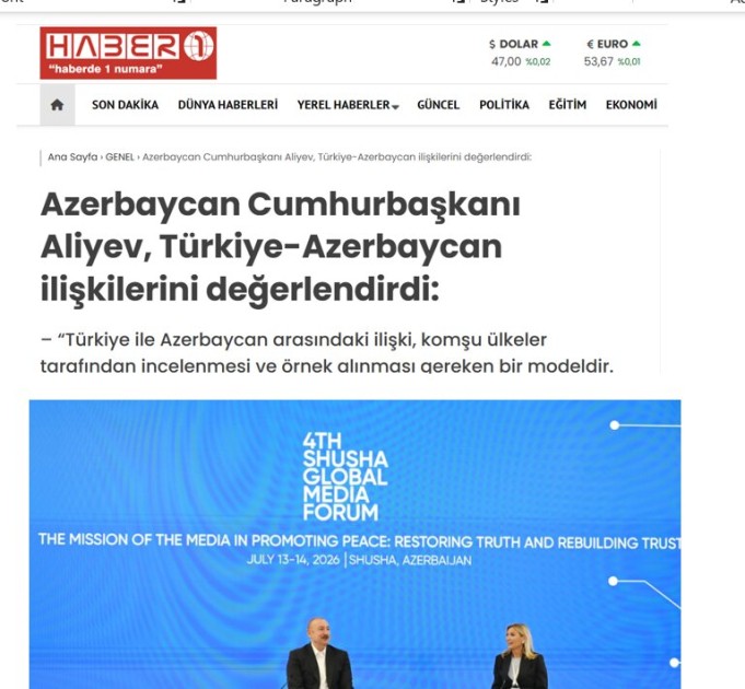 Prezidentin IV Şuşa Qlobal Media Forumundakı çıxışı Türkiyə mediasının diqqət mərkəzində