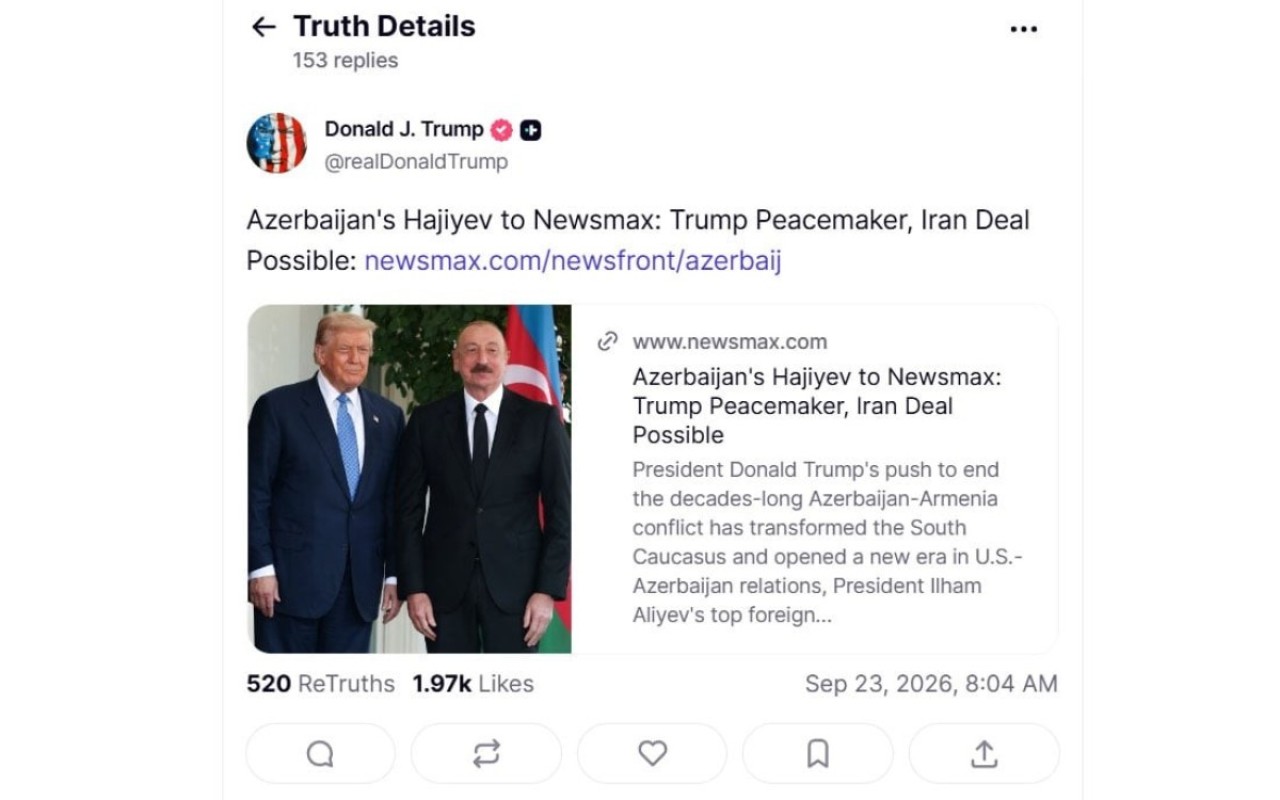 Tramp Hikmət Hacıyevin "Newsmax"a müsahibəsini paylaşdı