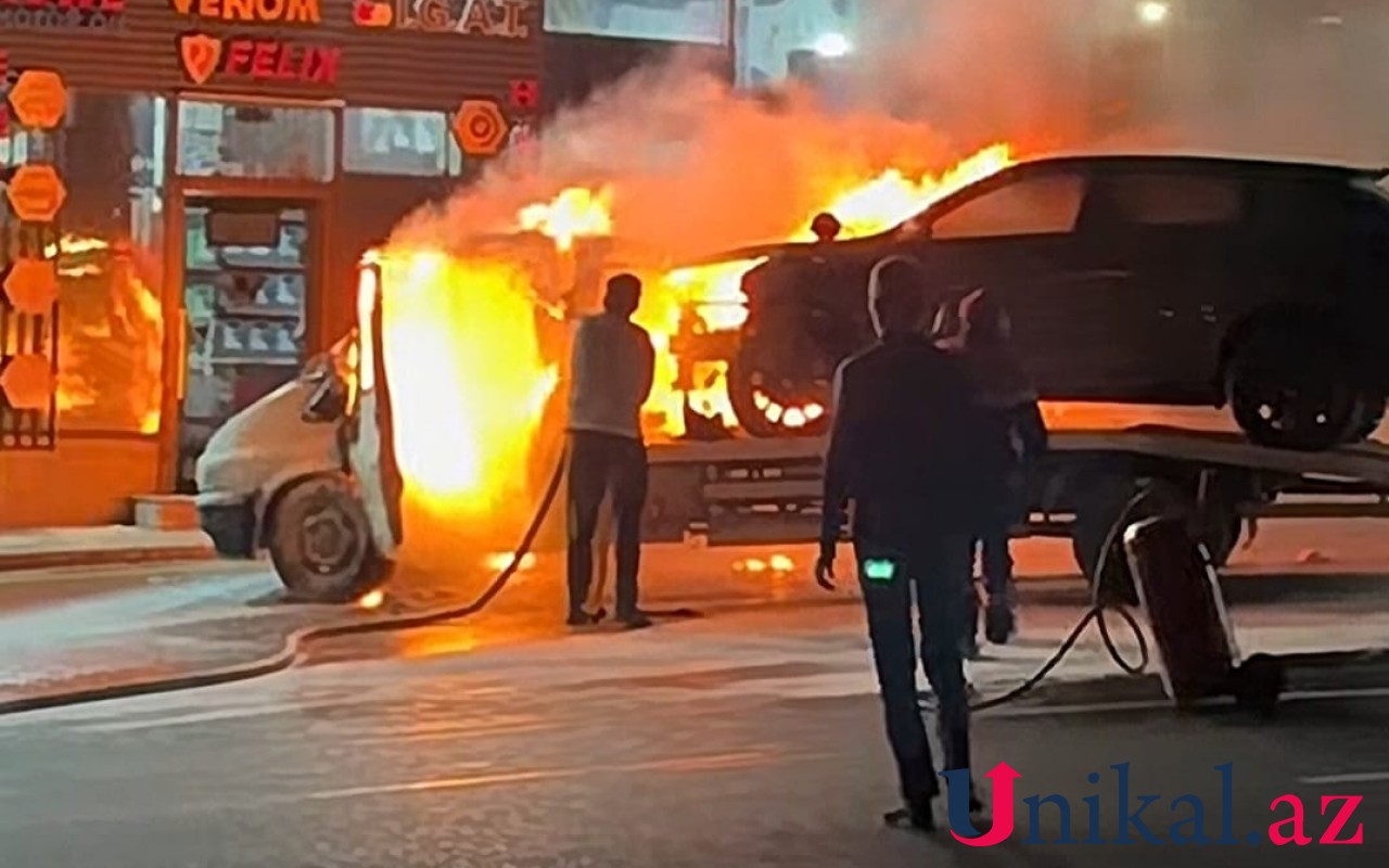 Bakıda evakuator və üzərindəki maşın yandı - VİDEO